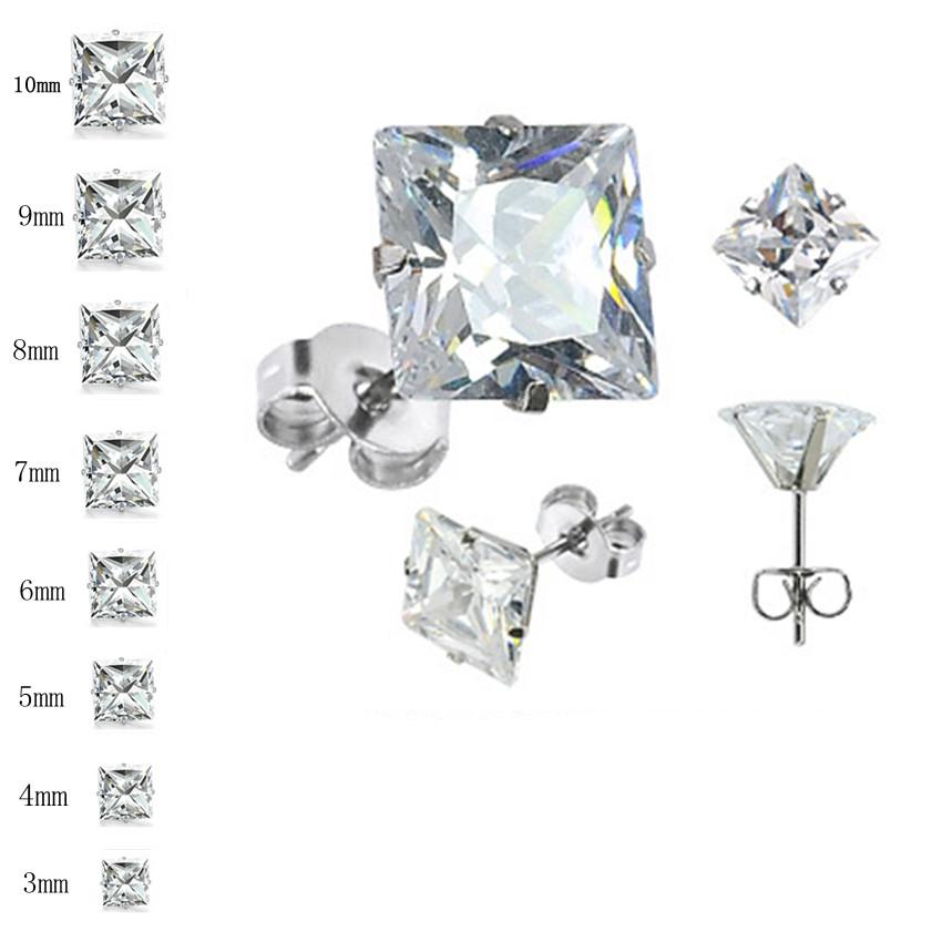 LUXUSTEEL 10Pairs 316L Stainless Steel Different Color Round/Square Shaped Brilliant Cubic Zircon Stud Earrings Sets Bijoux