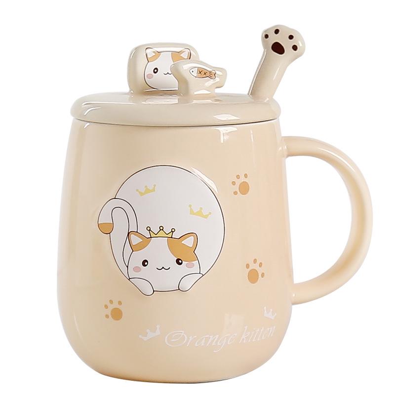 Cartoon Cat Ceramic Mug with Lid and Spoon - Trendy Office Coffee Cup