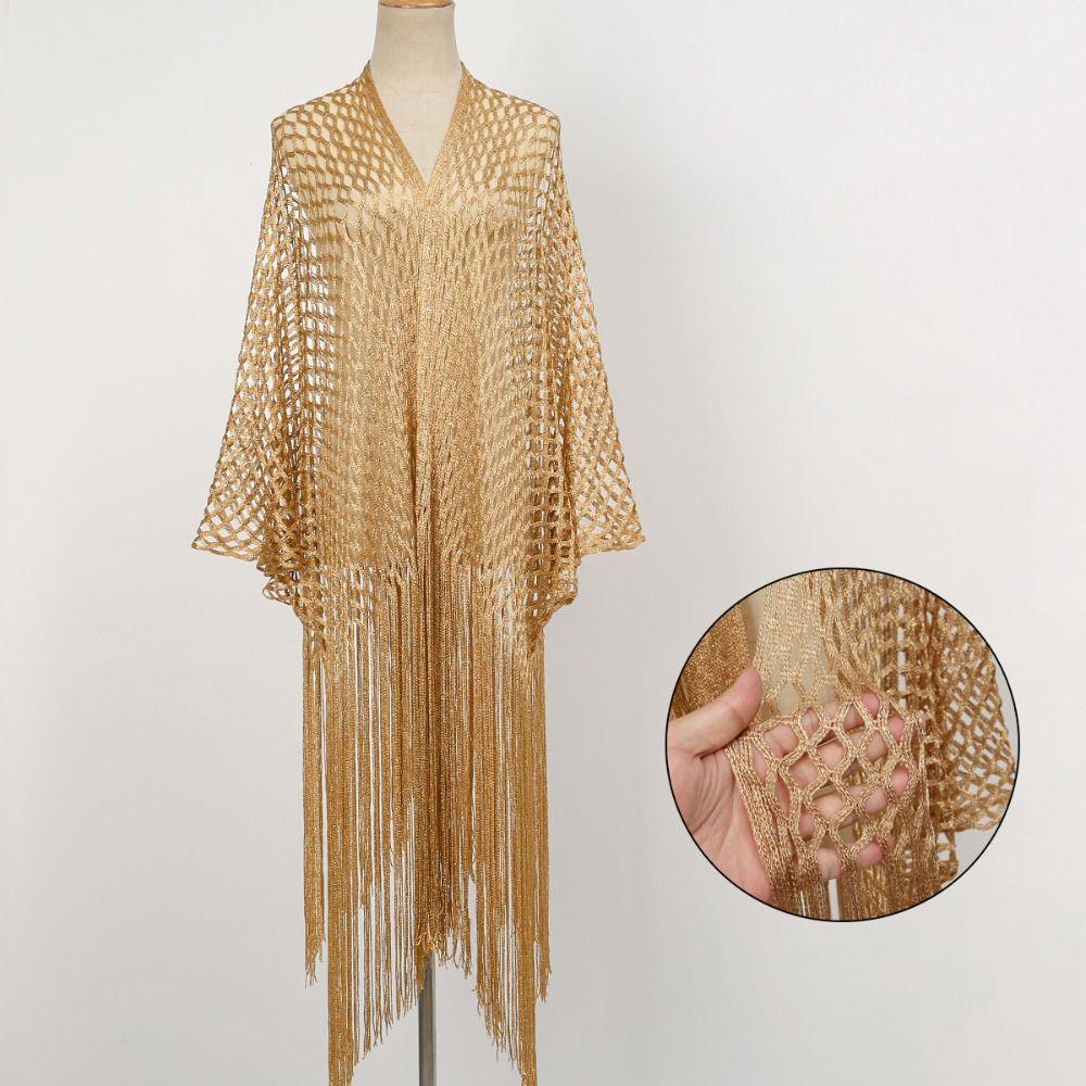 Fashion Tassel Patchwork Women Tulle Shawl V-Neck Cardigans Shining Summer Scarf Hollow Wedding Bridal Shawl Party