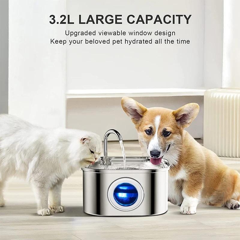 3.2L Cat Water Dispenser Transparent Window with Sensor 108oz Super Quiet& Pets Auto Filter Stainless Steel Cats Water Fountain