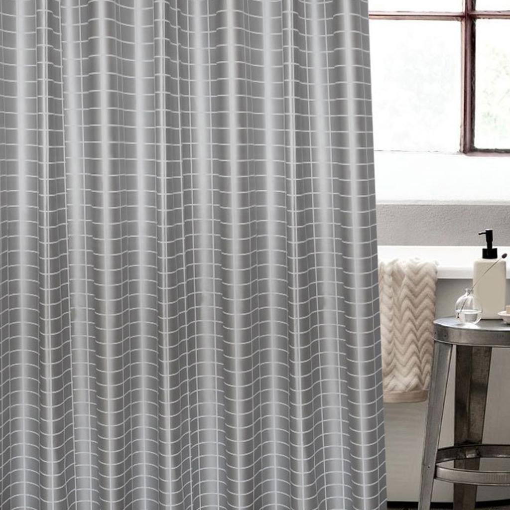 180x180CM Shower Curtain with Stainless Steel Buckle 12 Hooks Grey Grid PEVA Bath Curtain Set for