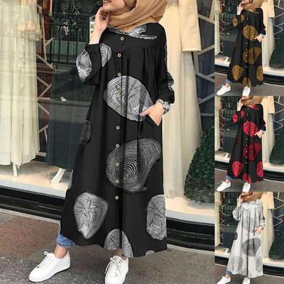 Fall Dresses for Women Dresses Long Sleeve Shirt Dress Casual Pocket Robe Musulman Dubai Muslim Kaftan Stand Collar Dress Plus Size S-5XL