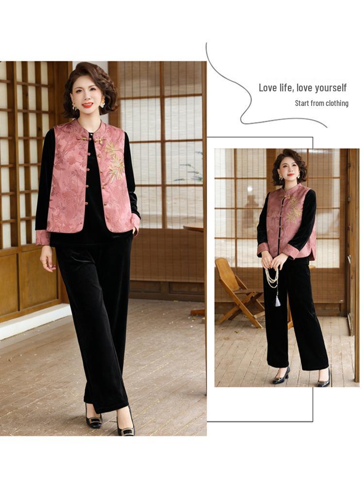 Spring/Autumn Gold Velvet Three-Piece Set: Chinese-Style Vest & Embroidered Top for Middle-Aged and Elderly Women.