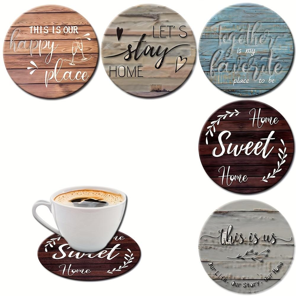 Set of 6 2D Motivational Words Theme Pattern Art Coasters Round Wooden Heat Resistant Non-Slip Home Decor Gift Multifunctional