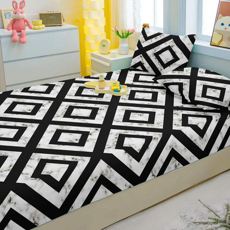 1 Proste Nowoczesne Geometryczne Drukowane Matowe Prześcieradło z Gumką, Drukowana Narzuta na Łóżko do Sypialni, Pościel (Z wyłączeniem poszewek na poduszki)