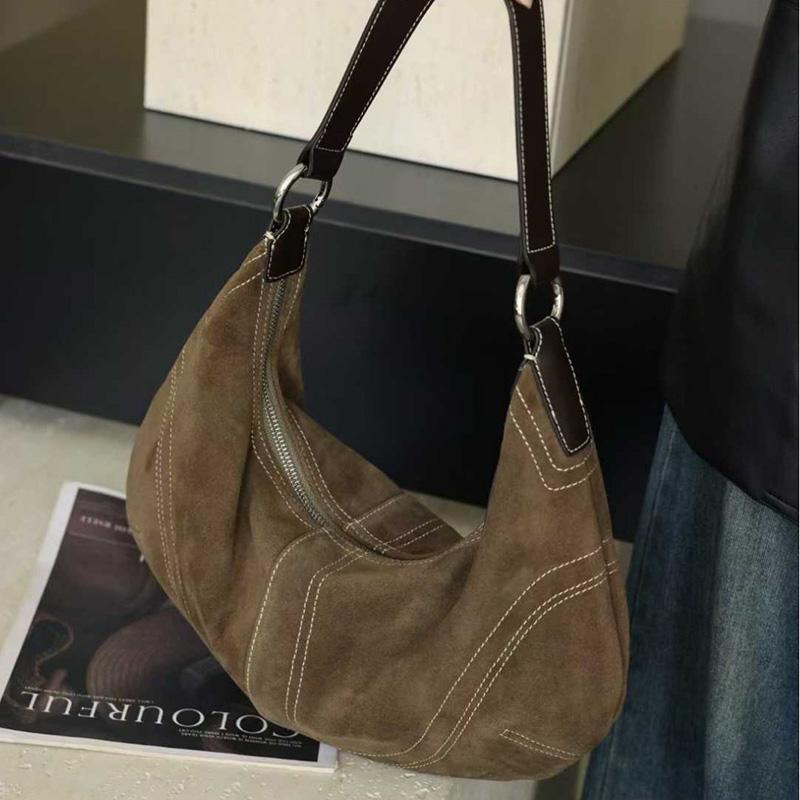 Luxury Women Suede Leather Hobo Shoulder Bag Vintage Half Moon Handbag Cross Body Daily Casual Underarm Purse Genuine Cowhide