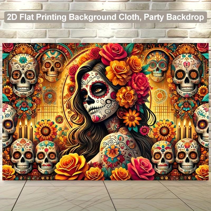 Vibrant Background Fabric for the Day of the Dead Celebration Featuring Floral Skull Design and Mexican Party Decorations