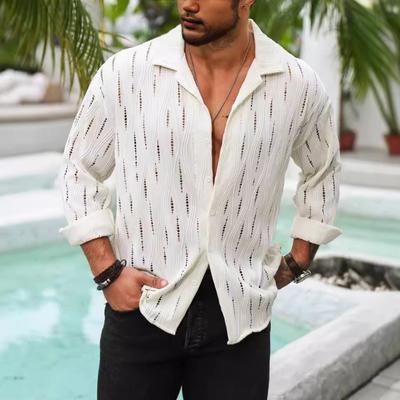 Men's Textured Hollow Out Casual Versatile Long Sleeved Button Up Shirt