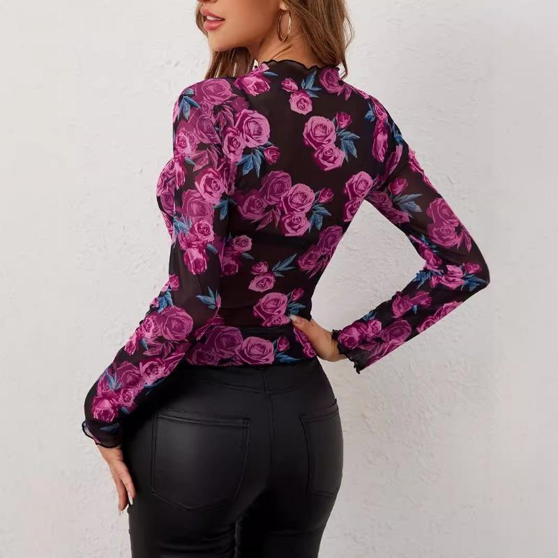 Women Elegant Floral Print Stand Collar Mesh Long Sleeve Pullover Top