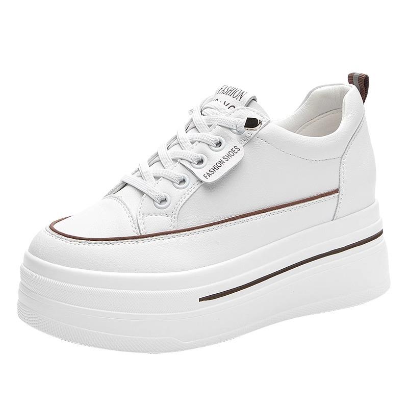 Early spring new leather inner height increase little white shoes women's 8CM thick-soled slope heel casual walking sports shoes show long legs