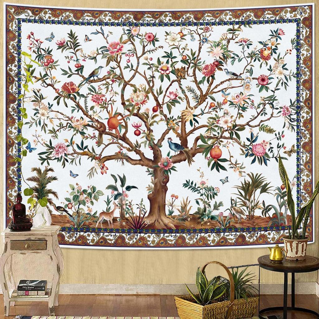 Boho Tree Of Life Tapestry, Vintage Flower Leaves Birds Plant Animal Pattern Tapestries, Retro Indian Bohemian Aesthetic Wall