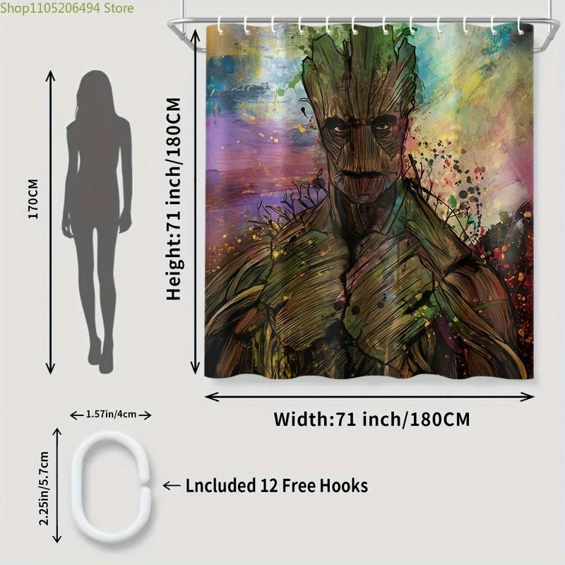 1pc Marvel Groot Shower Curtain with Hooks - Vibrant Superhero-Themed Bathroom Decor, Polyester, Machine Washable, Colorful Sp