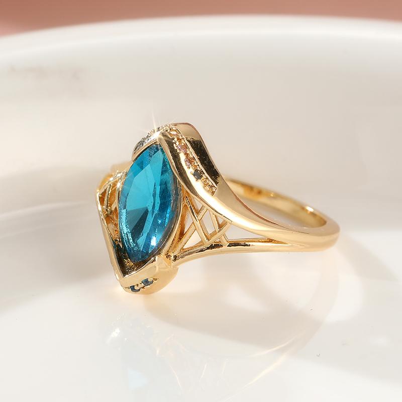 Dazzling Gold Color Inlaid Blue CZ Women's Ring Hollow Daily Wear Party Jewelry
