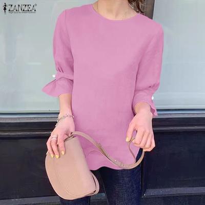 Blusa casual da donna a maniche 3/4 a tinta unita con scollo rotondo
