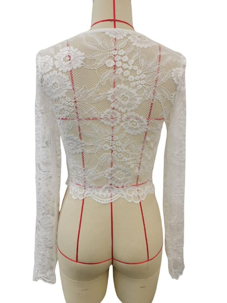 Sexy Jednovrstvá Krajková Krajková Dlouhý Rukáv Krátká Sekce Pulovr Slim Slim Tričko Top Všestranný Nezbytný Kousek Šatníku Módní Kousky Košile