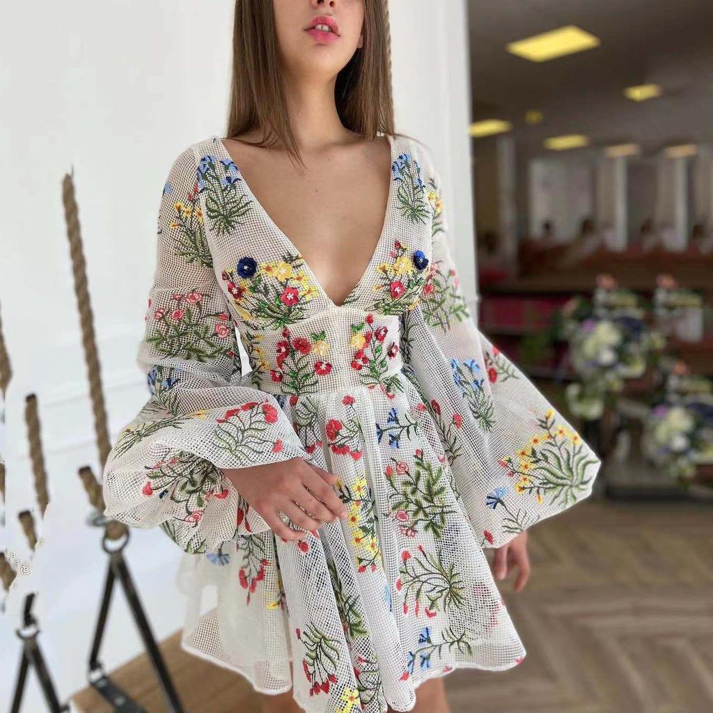 Summer New Women'S Clothing Mesh Embroidery Design Lantern Sleeve Fairy Dress Birthday Party Dress