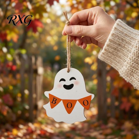 Halloween Party Supplies Ghost Wooden Hanging Sign with Hemp Rope, Cute Indoor Signs Pendants for Home Wall Decorations Outdoor Decor
