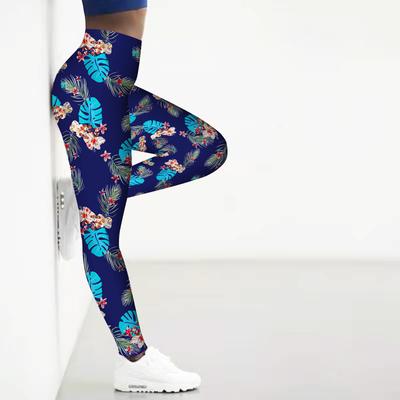 Damskie niebieskie, rozciągliwe legginsy do jogi z nadrukiem piór, fitness, bieganie, siłownia, sporty, spodnie sportowe