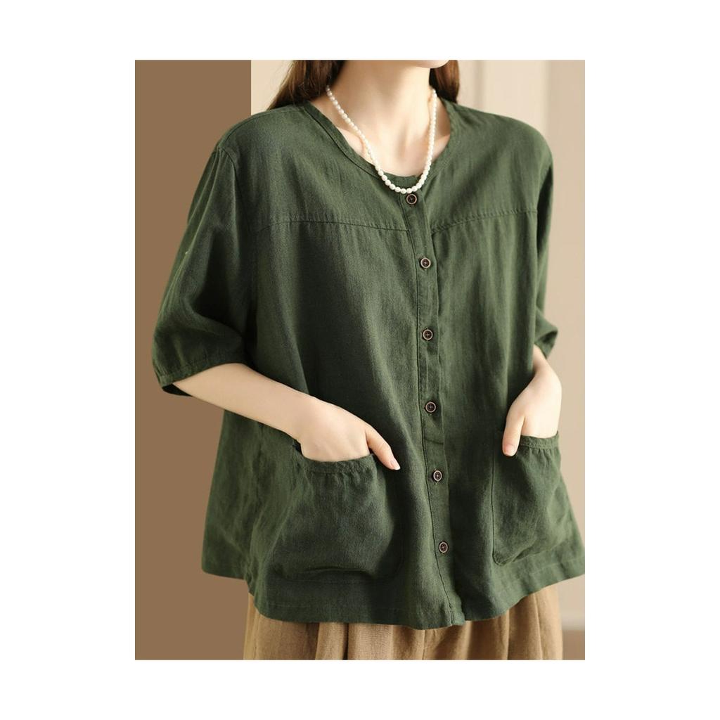 Cardigan Letterario Retro Estivo Cotone e Lino Taschino Camicia Design Donna Casual Monopetto Manica Corta Temperamento