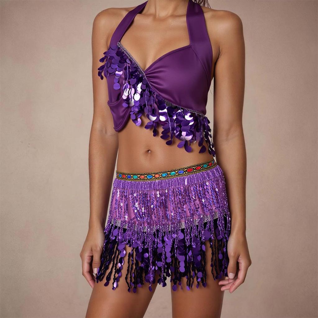 2 Pieces, Bra With Sequined Tassels, Fringed Top, Belly Dance Skirt, Carnival, Club, Costumes
