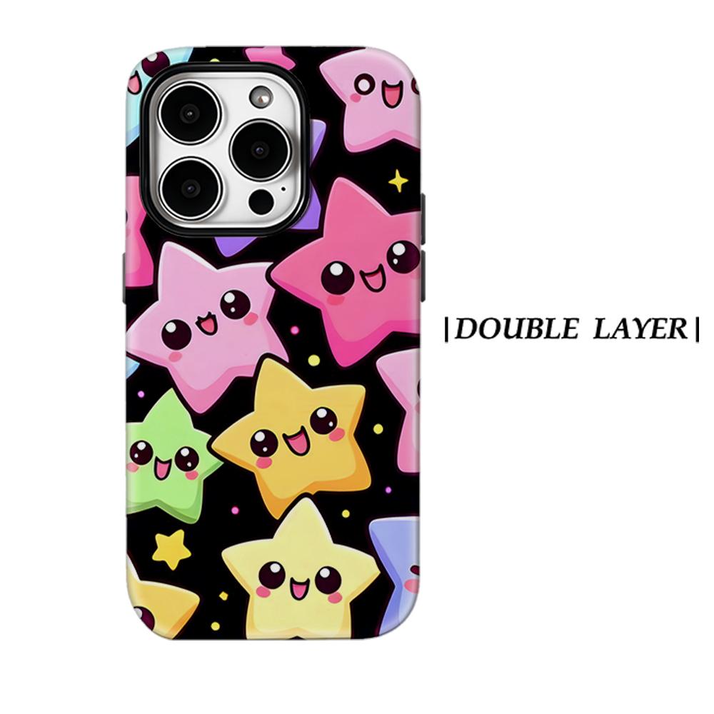 Kawaii Smiley Star Phone Case for IPhone 17AIR 16E 16 15 14 13 12 11 17 Pro Max Plus Double-layer Back Cover