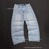 New Style Cherry Blossom Embroidered Light Blue Washed Wide Leg Straight Jeans Women Men