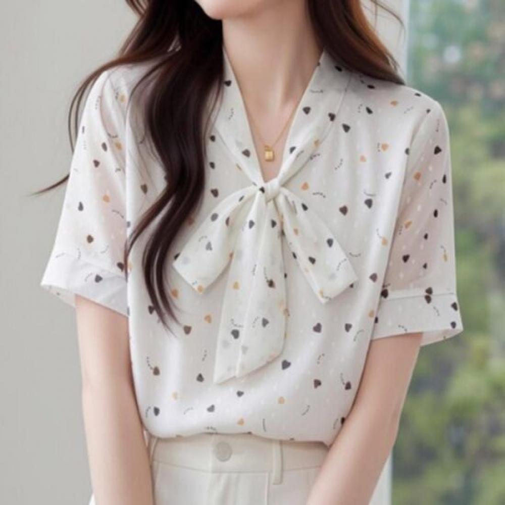 Navava Women Lovely Stylish Heart Pattern Ribbon Neck Short Sleeve Blouse Nb3186