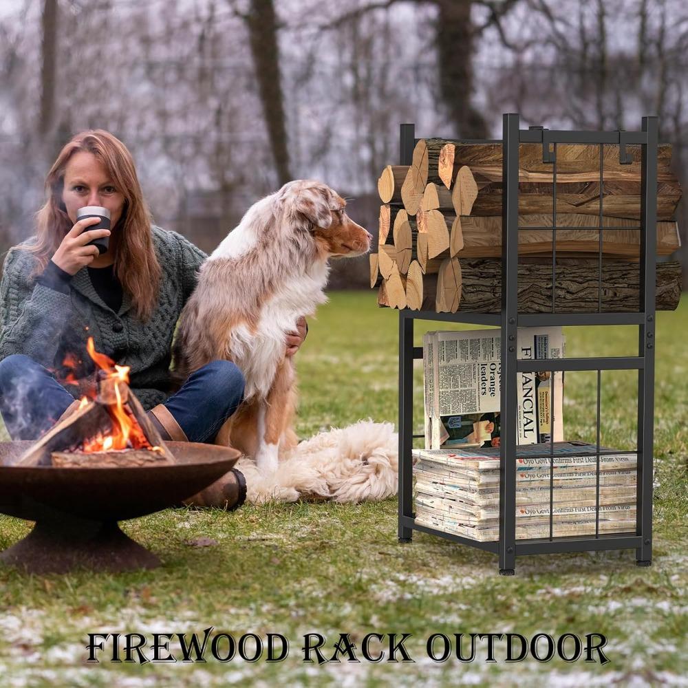 2-Tier Firewood Holder with 4 Hooks Heavy Duty Indoor Outdoor Rack for Fireplace, Fire Pits,Stoves Black Wood Storage Organizer