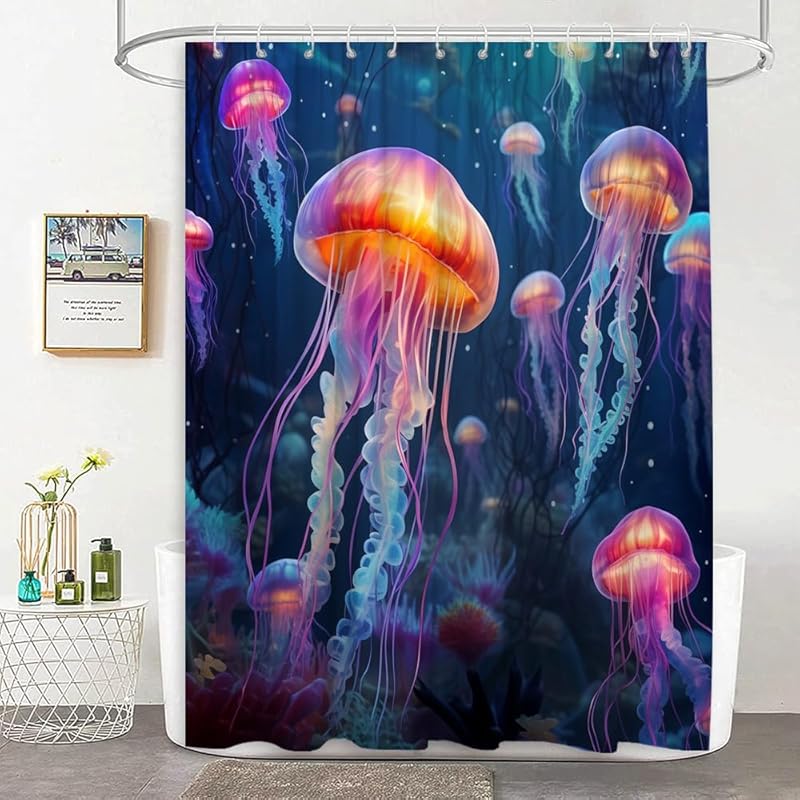 Jellyfish Shower Curtain Ocean Animal Marine Life Underwater Fantasy Colorful Jellyfish Fabric Bathroom Decor Curtain with Hooks, 70Wx70H 35 W x 70 L (Pack of 1)