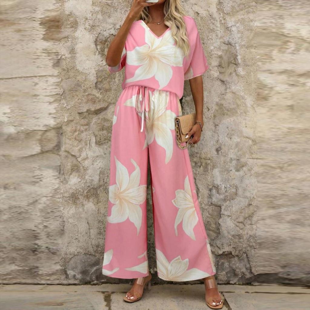 Women's Fashion Casual Floral Print V-Neck  Short Sleeve Top Pants Set