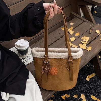 Winter Faux Suede Women's Bucket Shoulder Bags Vintage Plush Ladies Underarm Bags Casual Large Capacity Female Purse Handbags