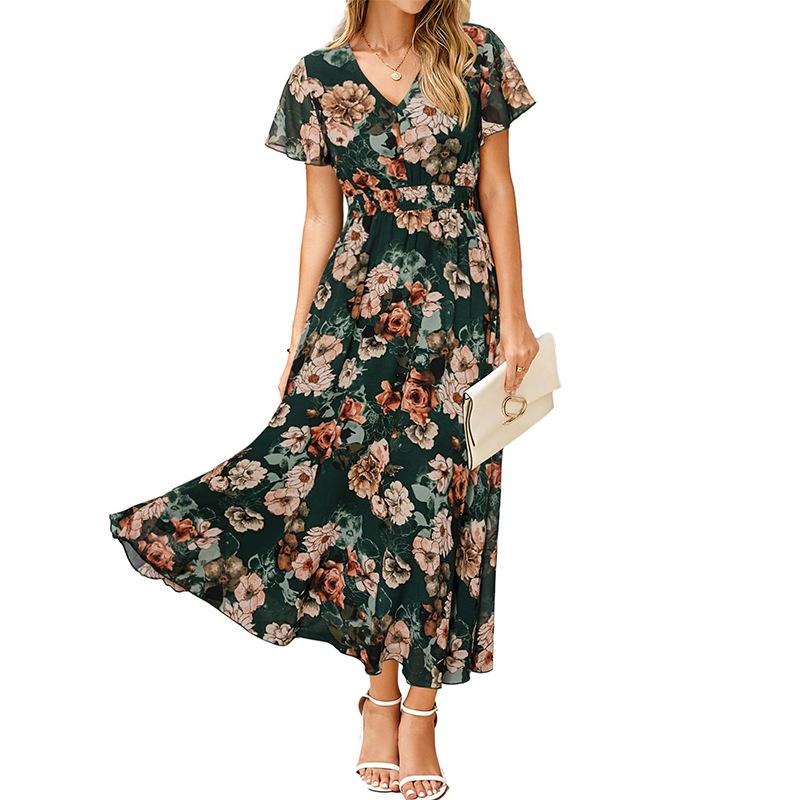 European and American Women's Clothing Summer New Short-sleeved Printed Chiffon Dress Waist Elegant Long Dress