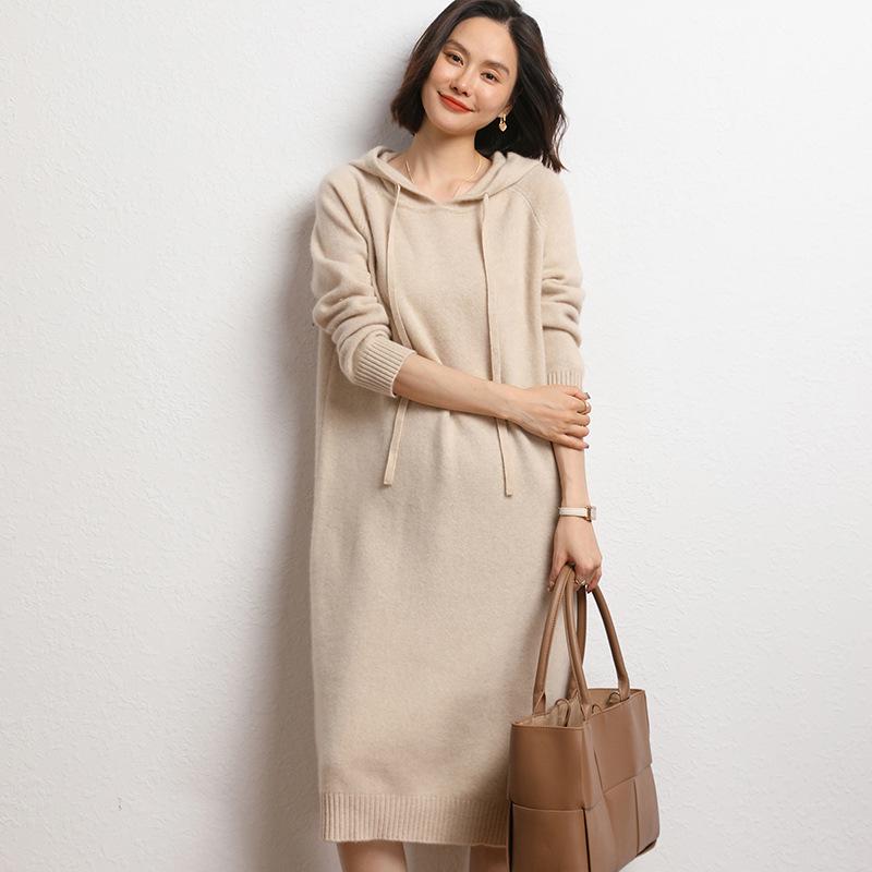 2023 Autumn/Winter Hooded Mid-Length Cashmere Knit Long Dress - Thick, Loose, and Versatile