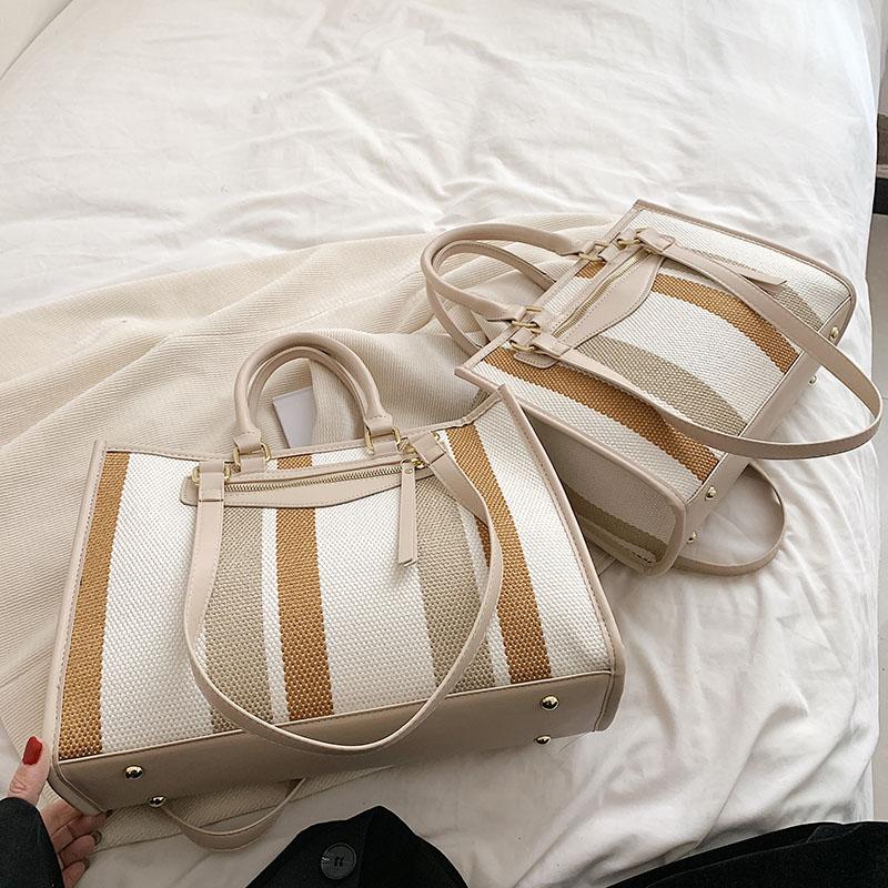 

Модные полосатые сумки-тоут для женщин, новейшая холщовая сумка через плечо, большая вместимость, сумки-шопперы, два размера, повседневные сумки