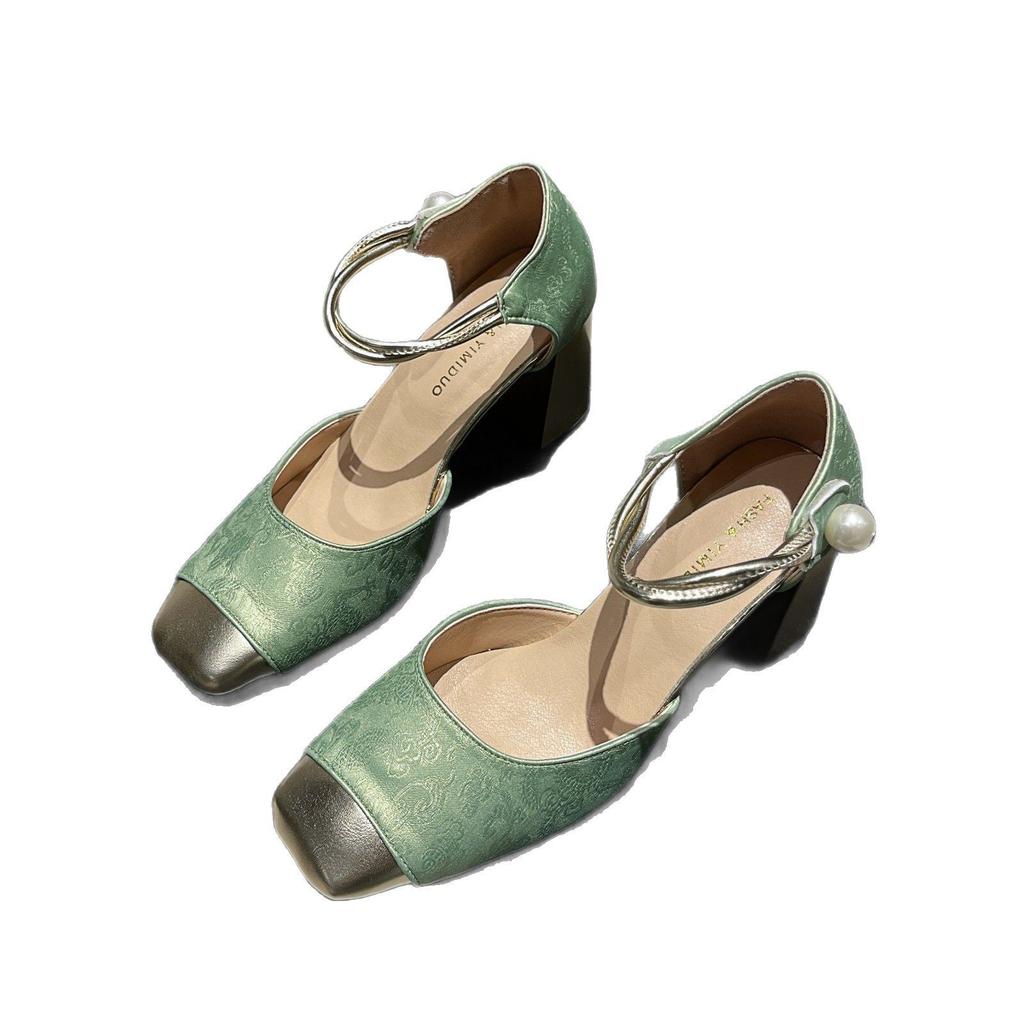 Modeabsätze Frauen Sandalen Frau Leder Mary Jane Sommerabsätze Quadratische Zehenpartie Anzug Weiblich Flacher Ausschnitt Niedrigabsatz Retro 2025 Mädchen