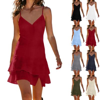 Damenkleider Sexy V-Ausschnitt Spaghettiträger Cami-Kleider Kleid mit Rüschensaum