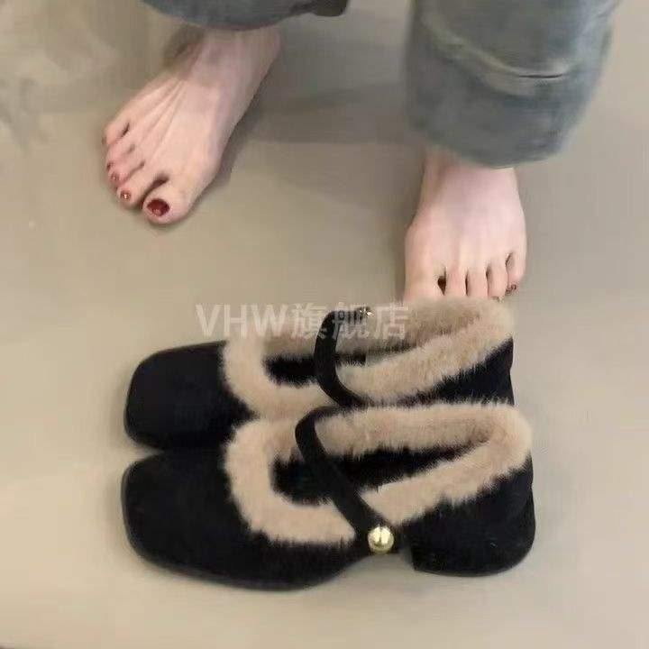 Black Thick Heel 2025 New Autumn and Winter Velvet Warm Fluffy Shoes Mary Jane Pedal High Heels Women's Evening Breeze
