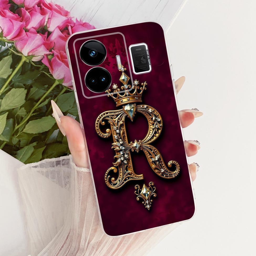 For Realme GT Neo 5 Case Transparent Luxury Crown A-Z Letters 2D Flat Pattern Soft Phone Case For Realme GT Neo5 RMX3706 Cover