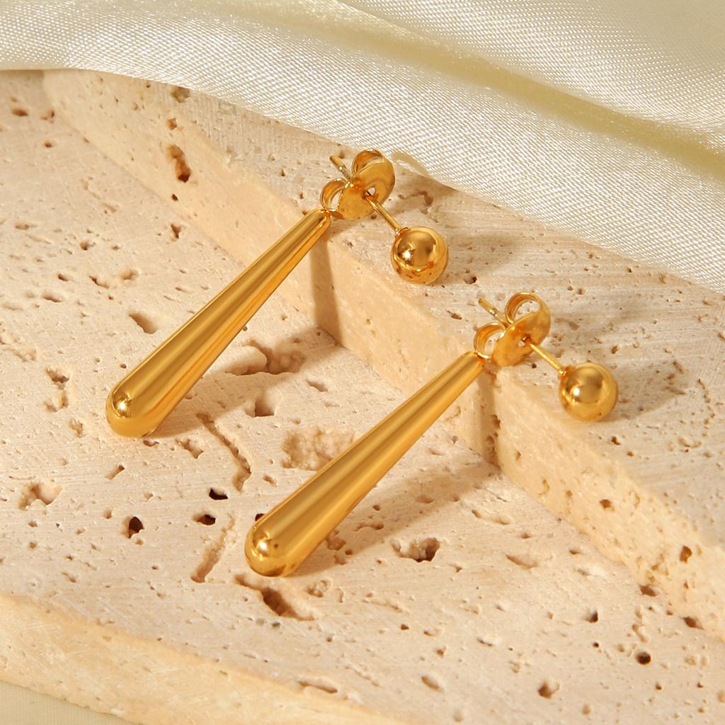Simple Long Drop Titanium Steel Earrings Versatile Gold Bead Stud Earring Jewelry