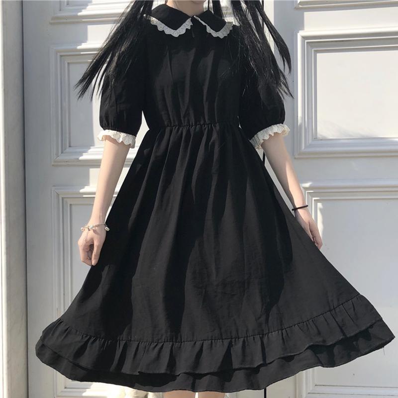 

Летнее черное платье в стиле кавайной Лолиты Mori Girl Fairy Cute Lolita Платье Питера Пэна с воротником и пышными рукавами XS чёрный