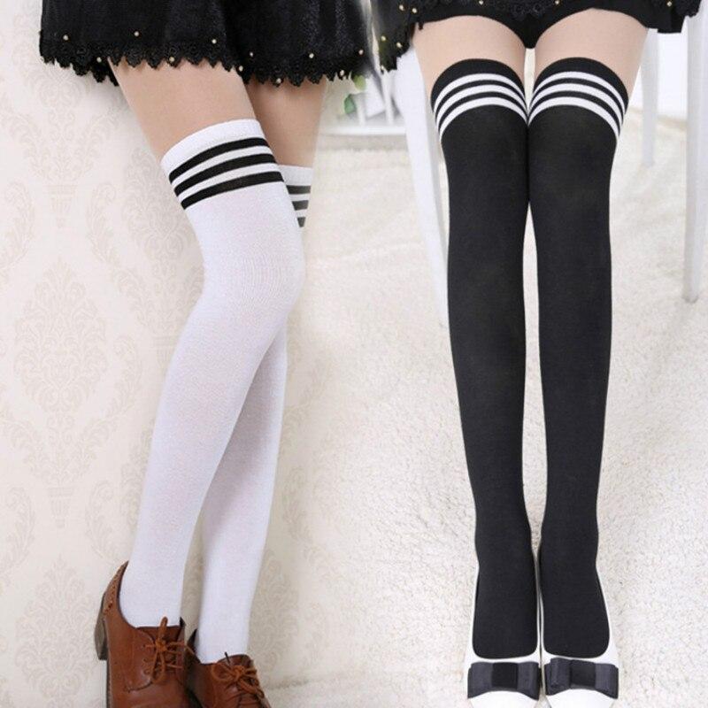 Lot De 3 Paires Chaussettes Montantes Cuisse - Motif Rayures Noir/blanc/bleu, Taille Unique 36-43, Polyester Extensible