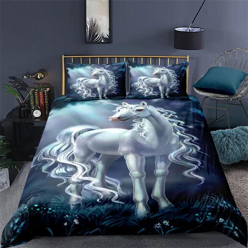 Bettbezug mit weißem Drachenpferd, 3D-Einhorn-Bettwäscheset für Teenager und Kinder, Mikrofaser, Western-Cowboy-Bettbezug mit Kissenbezügen