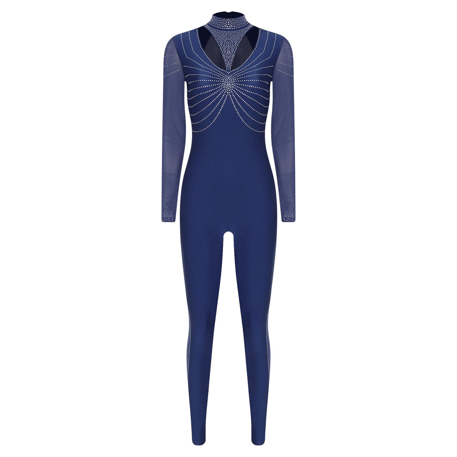 

Жіночий гімнастичний комбінезон блискучі стрази печворк імітація горловини довгий рукав ззаду потайна блискавка ромпери S темно-синього кольору