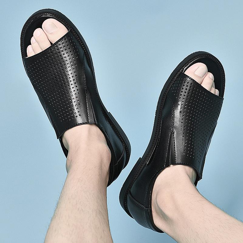 New Fashion Summer Men Shoe Black Vintage Italian Hollow Out Flats Casual Non-slip Breathable Beach Sandals Leather Flat Sandals