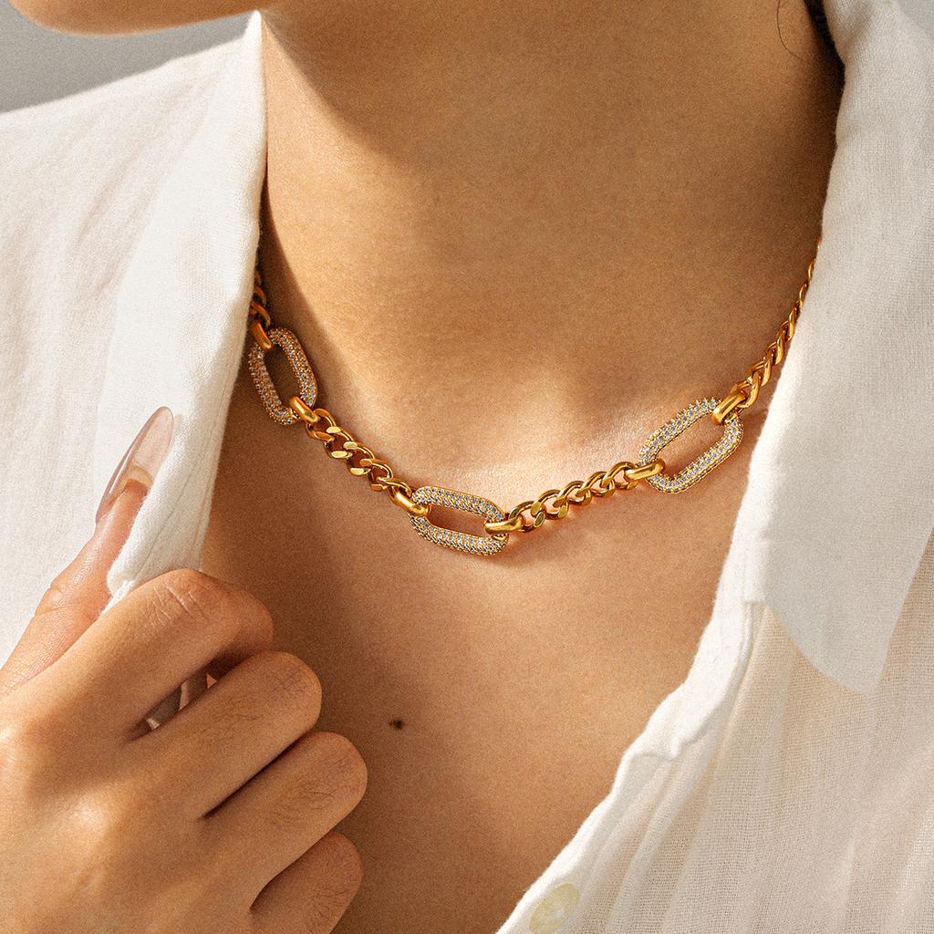 Titanium steel neck chain fully paved with diamond zircons, high-end color-block stainless steel Cuban link necklace