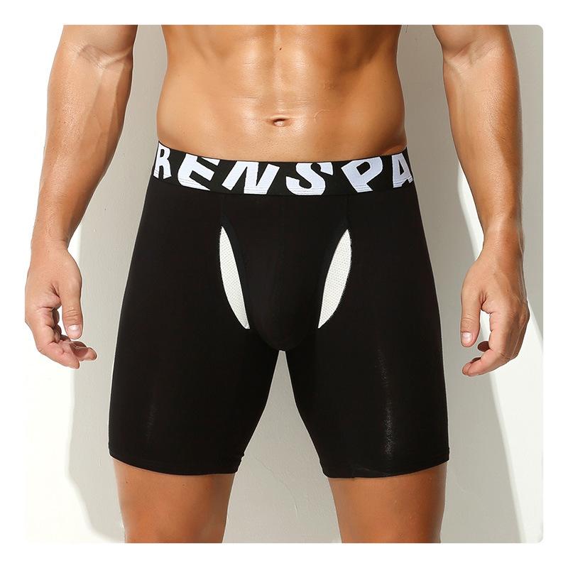 Men'S Boxers Briefs Fly Pouch Front Open Breathable Bulge Underwear Separated Dual Pouch Trunks Enhance Bulge Long Leg Boxers
