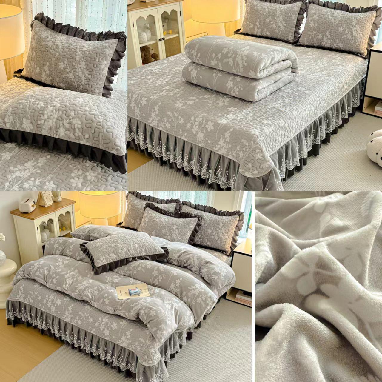 

Утолщенный стеганый бархатный комплект покрывала с кружевными наволочками и тепловым контролем с защитой от статического электричества 2 Pillowcases 48*74CM with Lace Quilting
