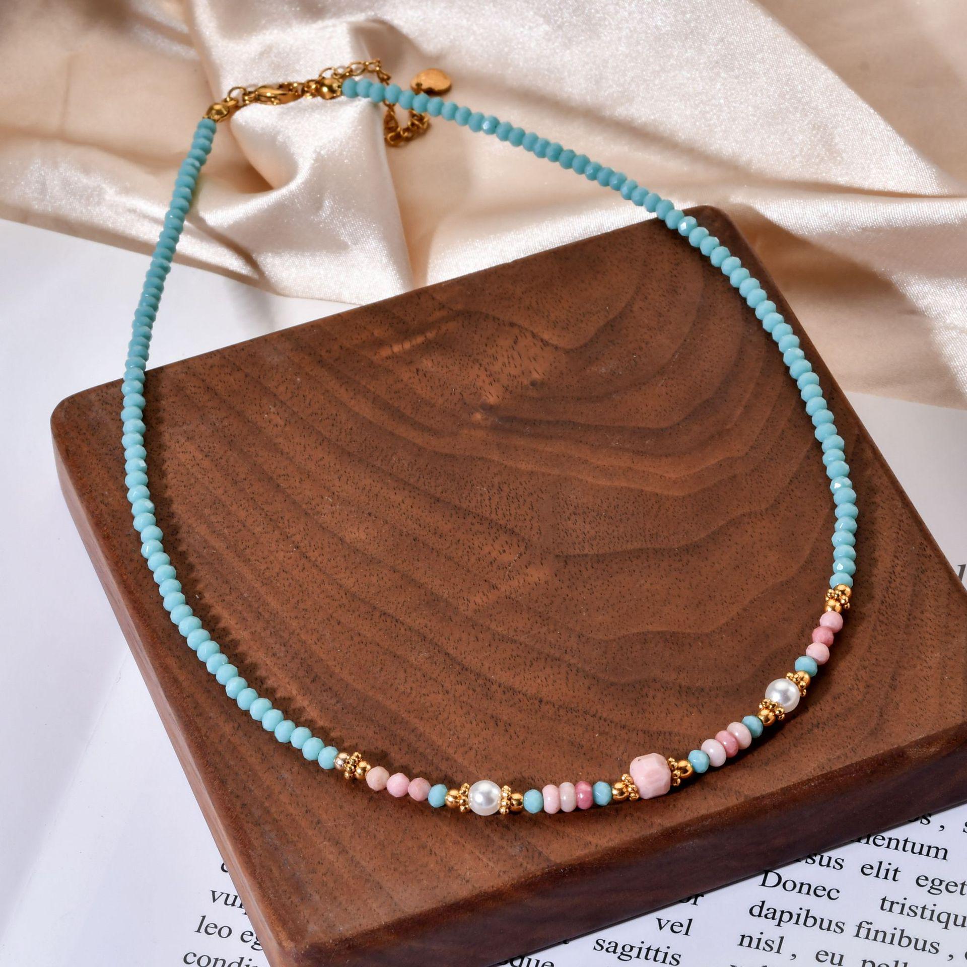 Non-Fading Red Veined Stone Glass Beaded Necklace - Trendy Spring/Summer Style with Sweet, High-End Personality