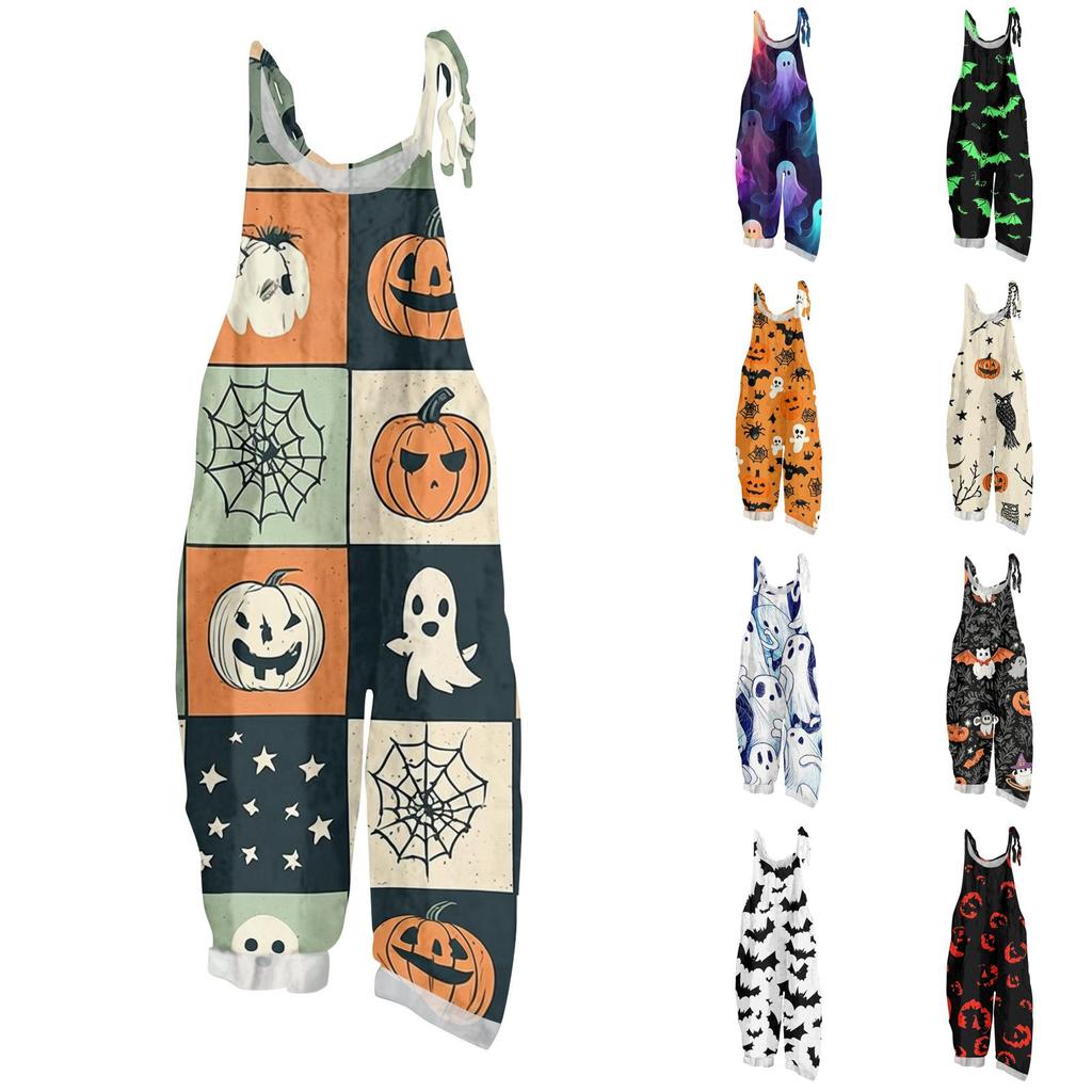 Women Halloween Printed Loose Casual Vintage Style Linen Blend Overalls Adjustable Strap Wide Leg Jumpsuit