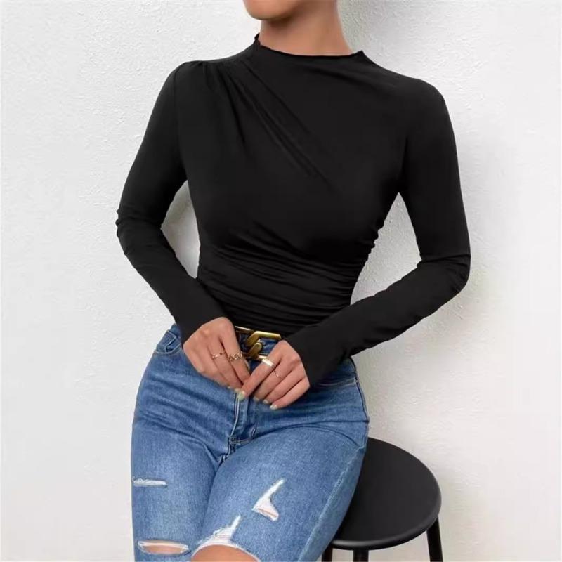 Fashion Long Sleeved Pleated Slim Fit Women T-shirt Solid Color Elegant Half Turtleneck Slim-fit Bottoming Tees Shirt Female Solid Color Basic Tops